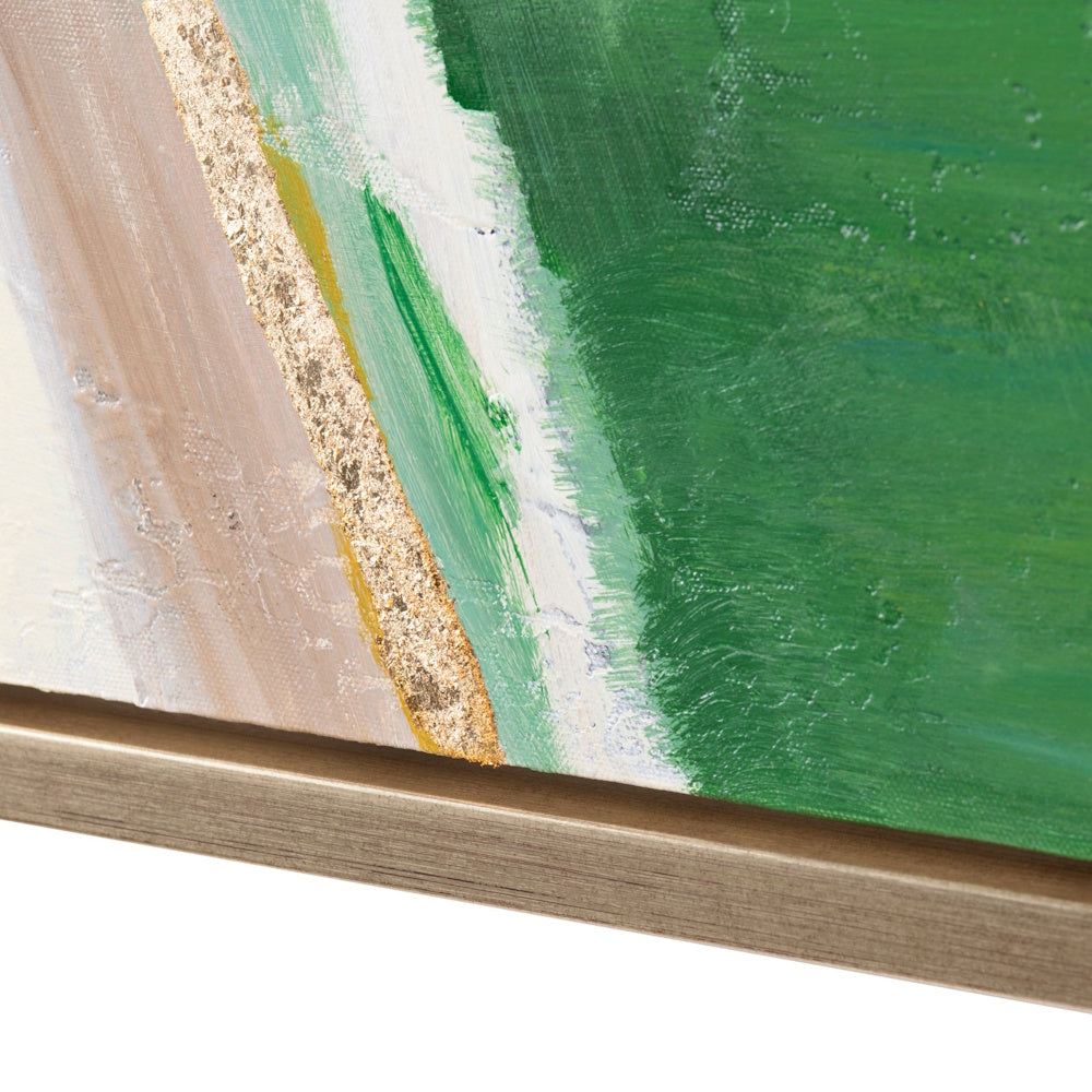 Close-up of modern abstract framed art showing green, beige, white paint, canvas texture, and gold leaf.