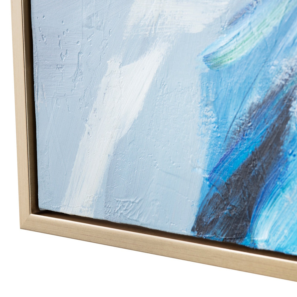 Abstract blue and white textured acrylic painting in a modern champagne gold floating frame.