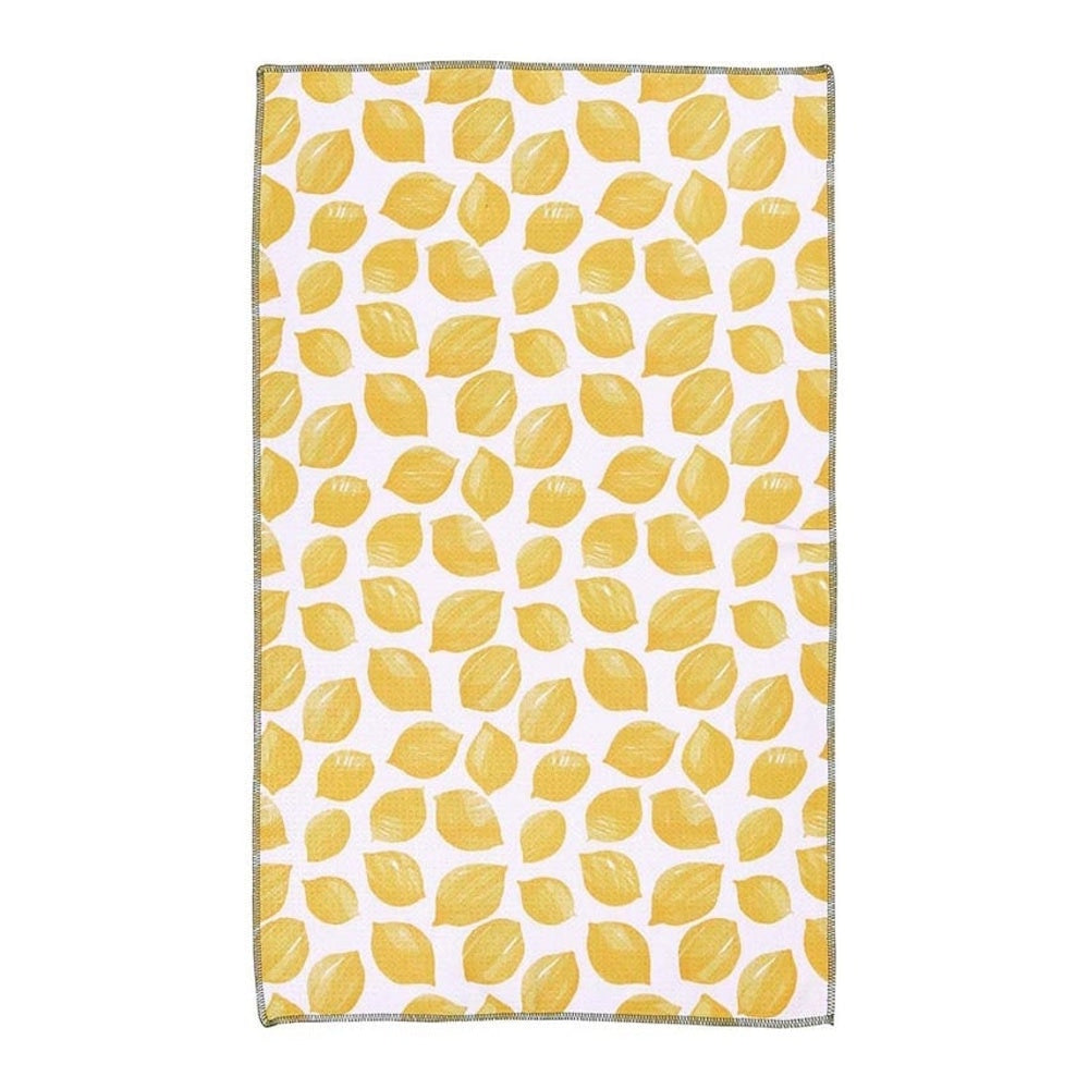 Yellow lemon pattern kitchen tea towel with a repeat print of citrus fruits on a white background.