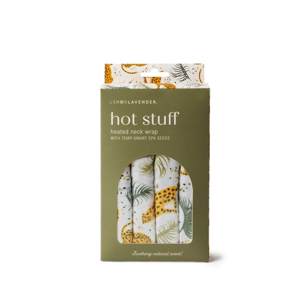 Lemon Lavender "Hot Stuff" heated neck wrap in leopard print packaging with Temp-Smart Spa Seeds.
