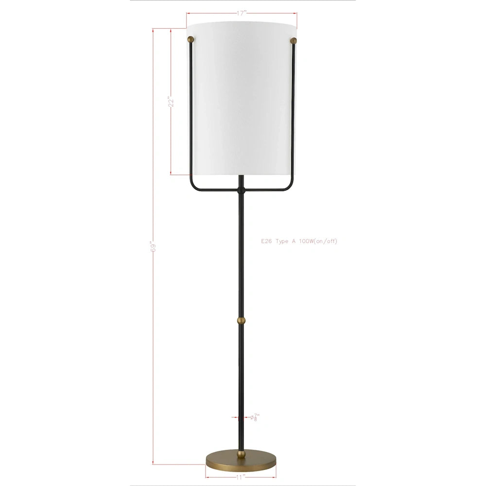 Black and brass floor lamp dimensions with white cylinder shade, 69 inch height and 11 inch base.