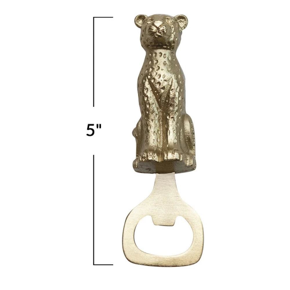 Gold leopard bottle opener, 5-inch decorative brass cheetah bar tool for home decor.