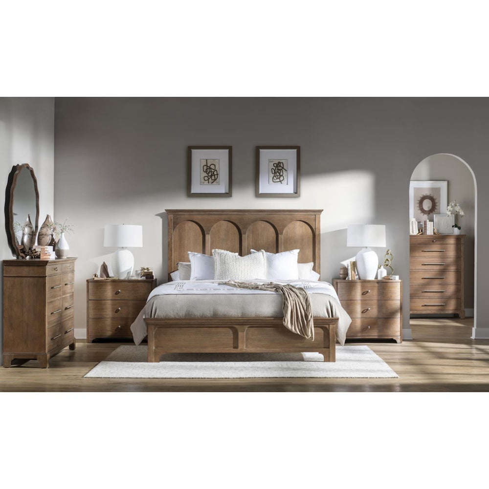 Rustic wood bedroom set with arched headboard, nightstands, and matching dressers.
