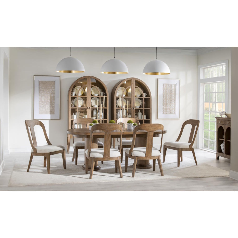 Modern wood dining set with arched china cabinets and dome pendant lights.