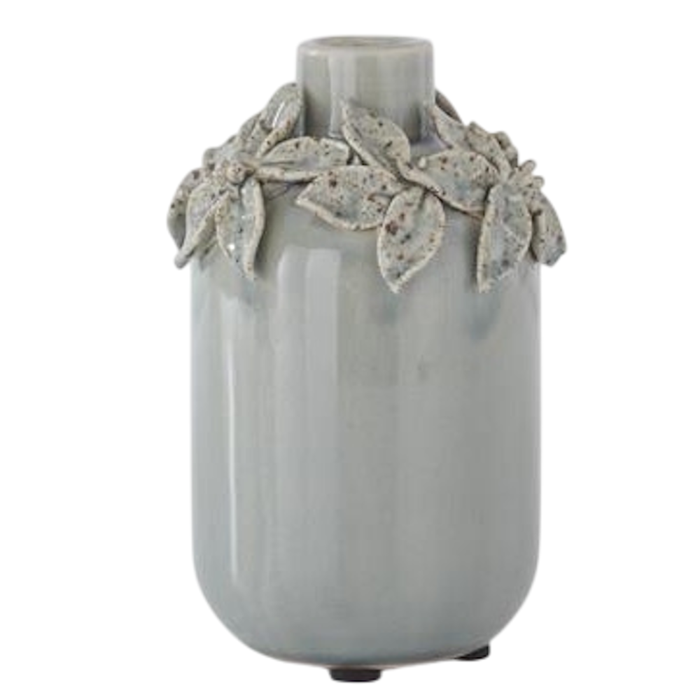 Small gray ceramic bud vase with textured 3D floral accents around the neck for elegant home decor.