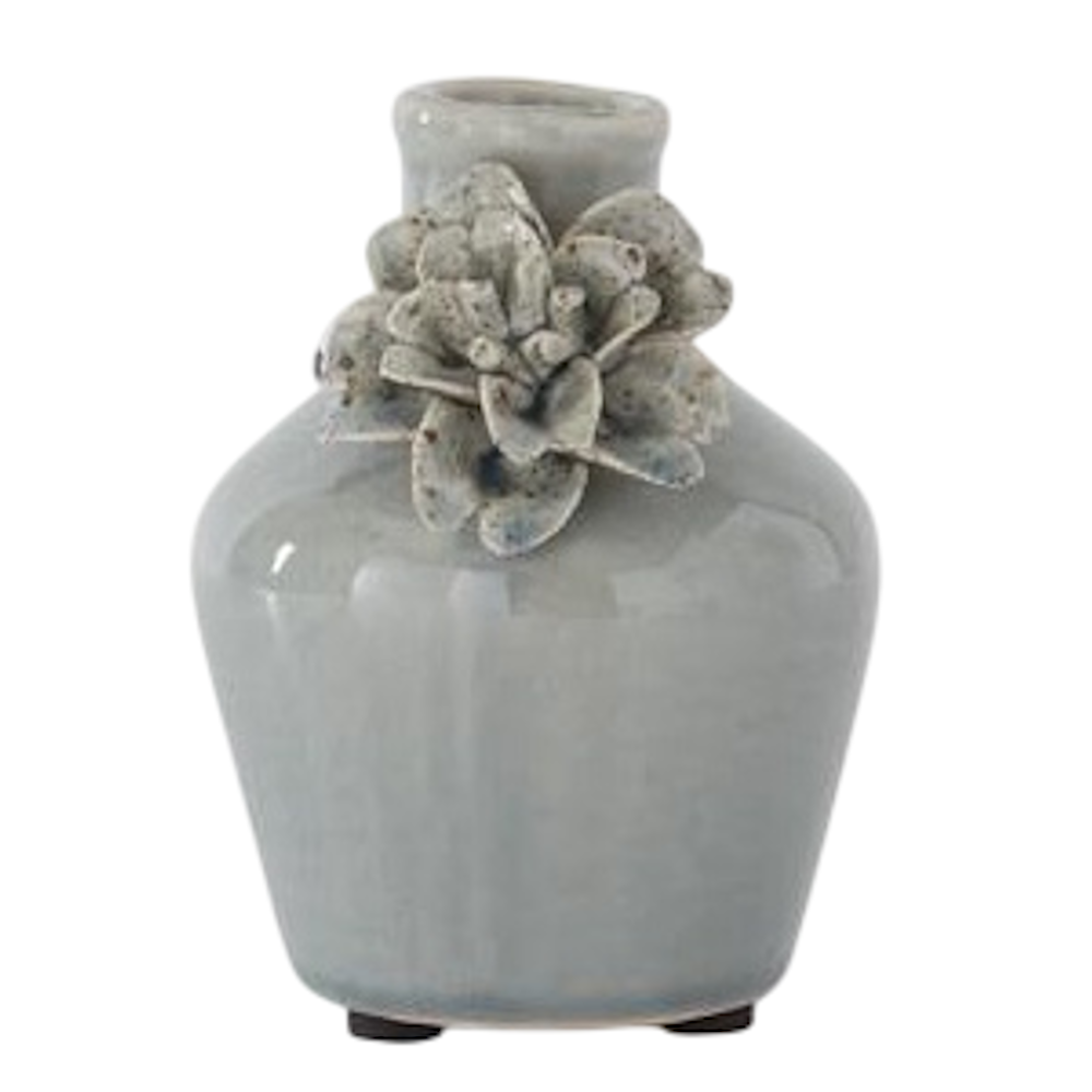 Small grey ceramic bud vase featuring a 3D succulent flower detail, ideal for minimalist home shelf decor.