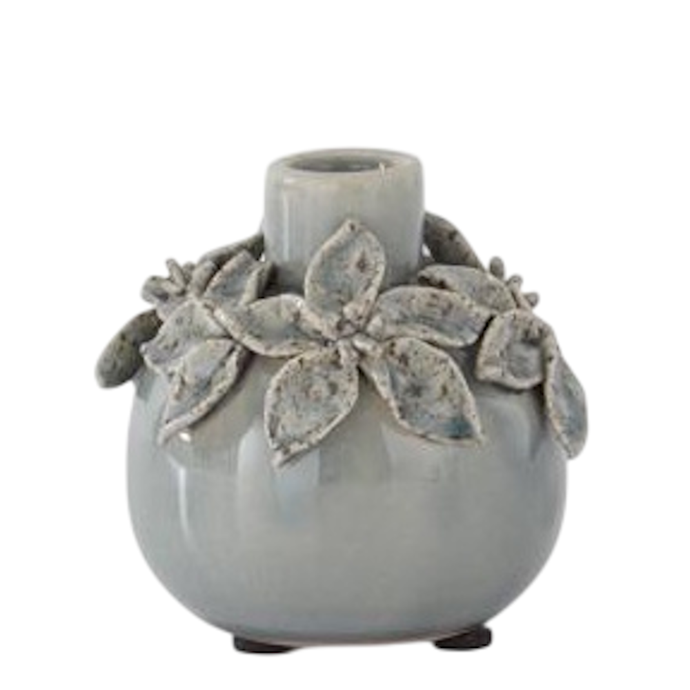 Small grey ceramic bud vase with textured 3D floral petals and a glossy finish for home decor.