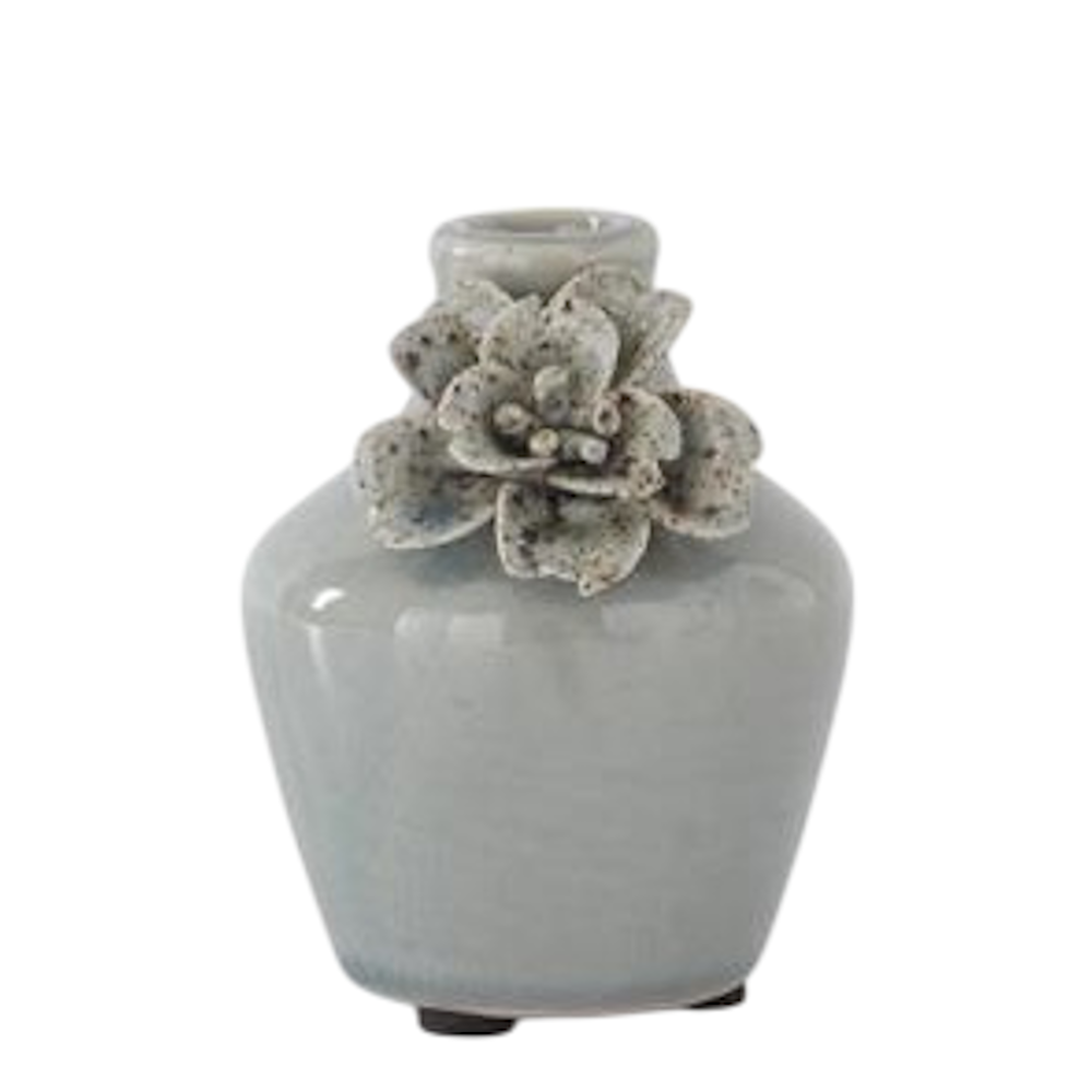Small gray ceramic bud vase with a decorative speckled flower accent on the front on white.