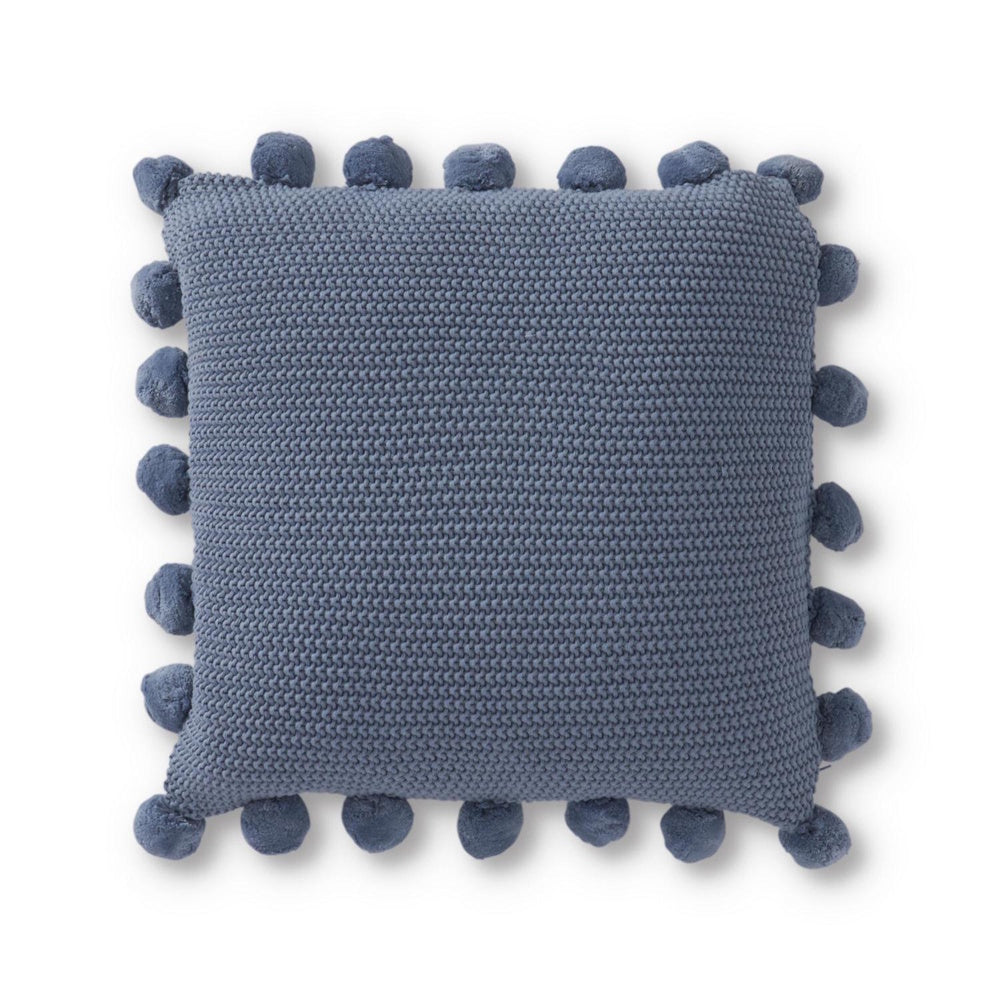 Square blue knit throw pillow featuring decorative pom-pom trim edges on a white background.