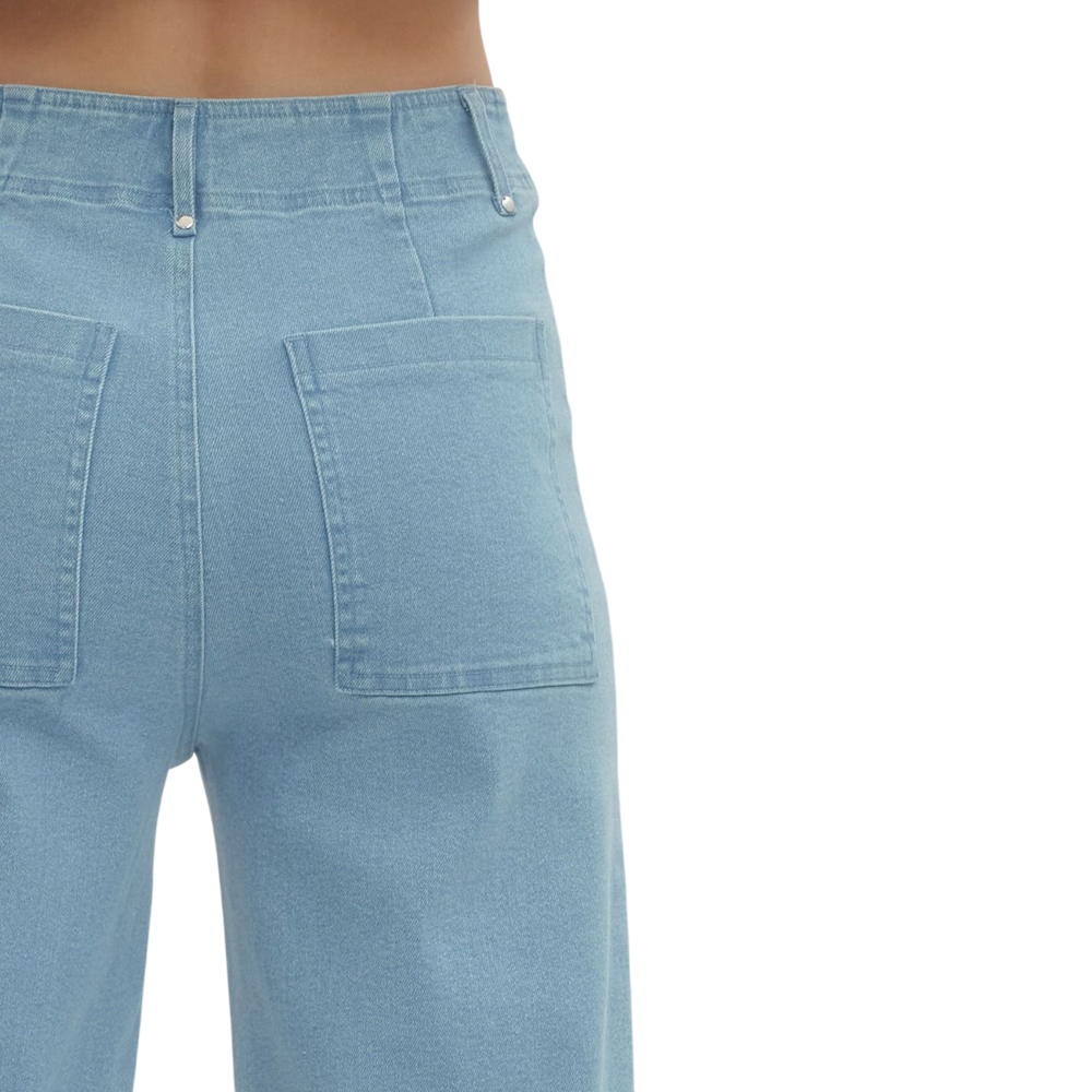 Close-up back view of a person wearing light blue, high-rise, wide-leg denim pants with patch pockets.