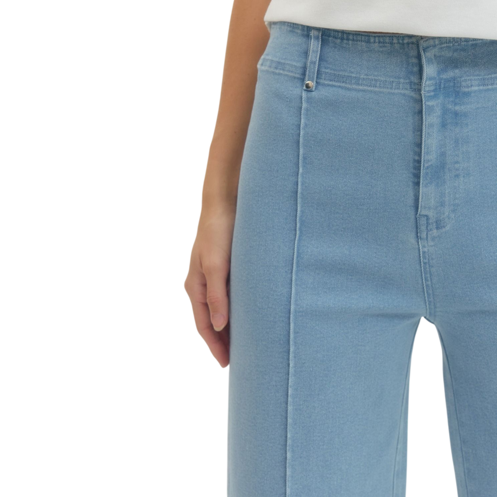 Close-up of a person wearing light blue, high-waisted denim pants with a front seam detail.
