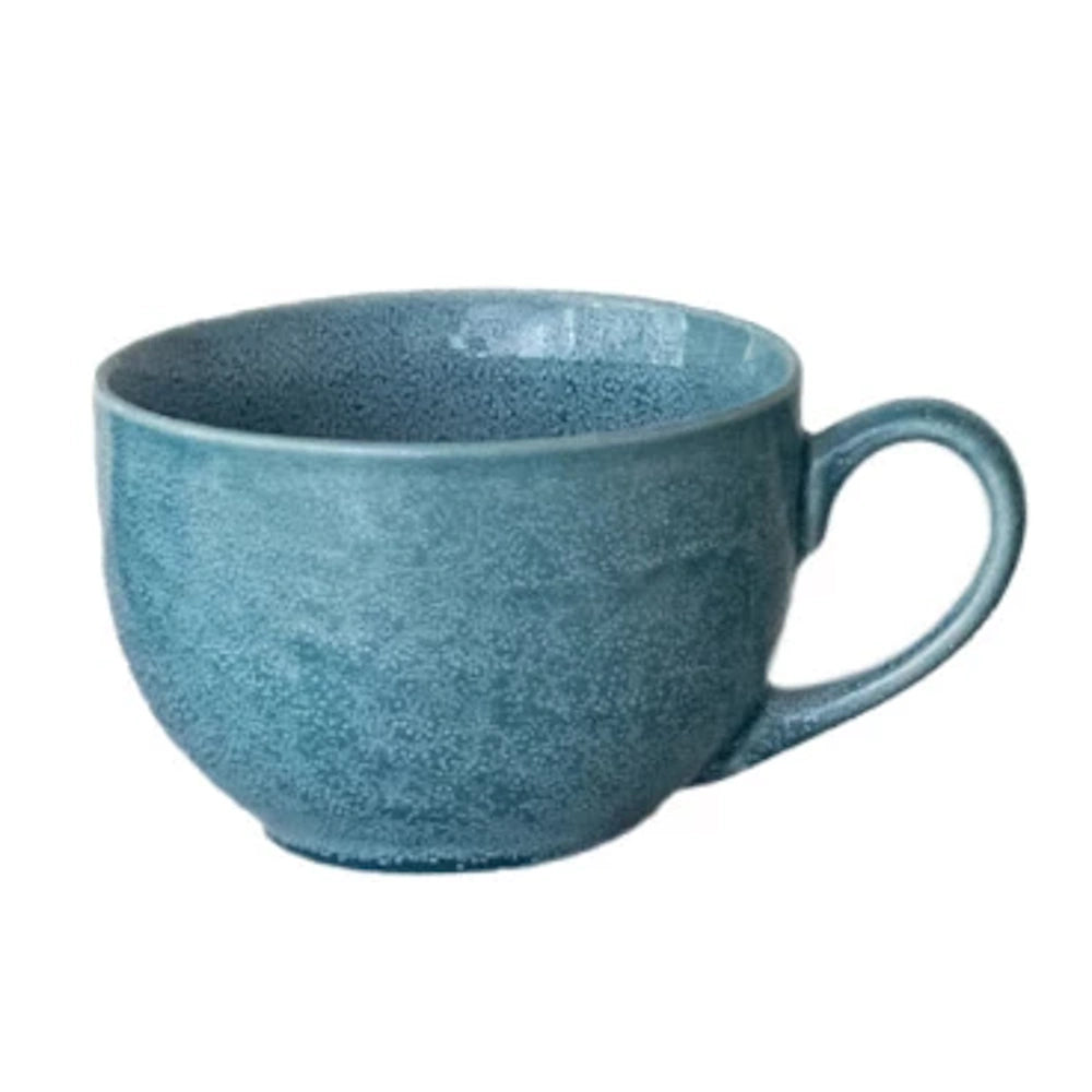 Blue speckled stoneware mug bowl with a handle, ideal for soup or coffee on a white background.