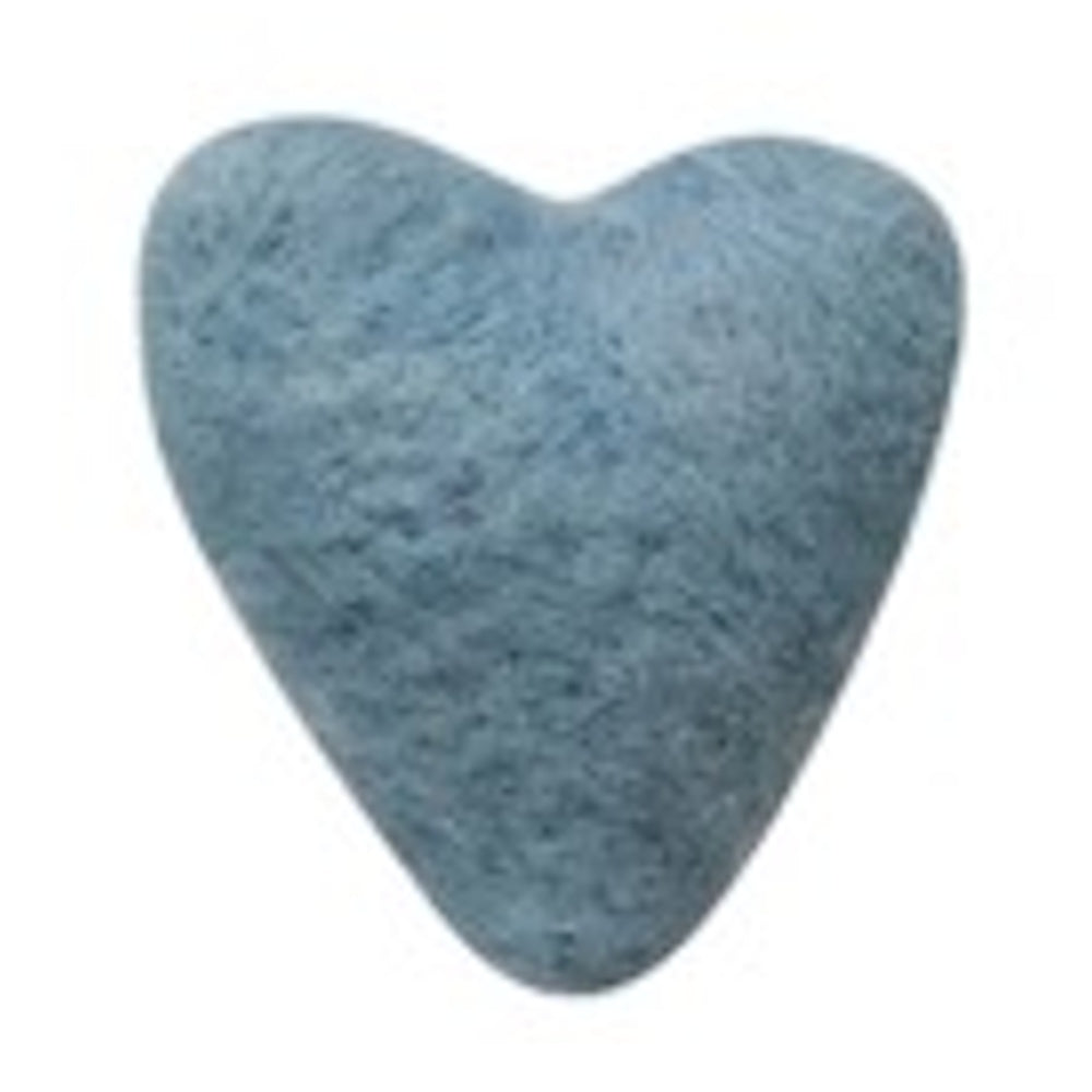 A small, light blue, needle-felted wool heart with a fuzzy texture on a white background.