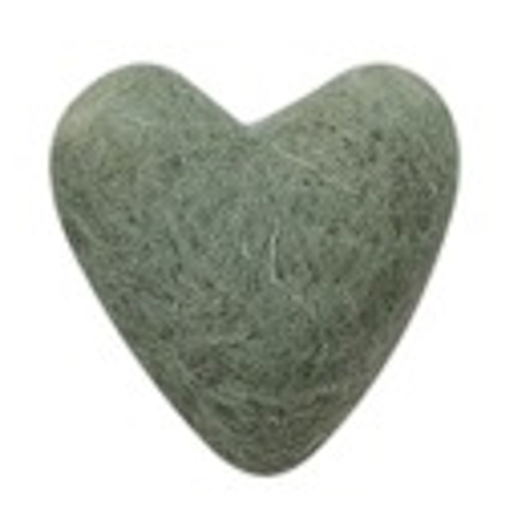 A small, light green, needle-felted wool heart with a fuzzy texture on a white background.