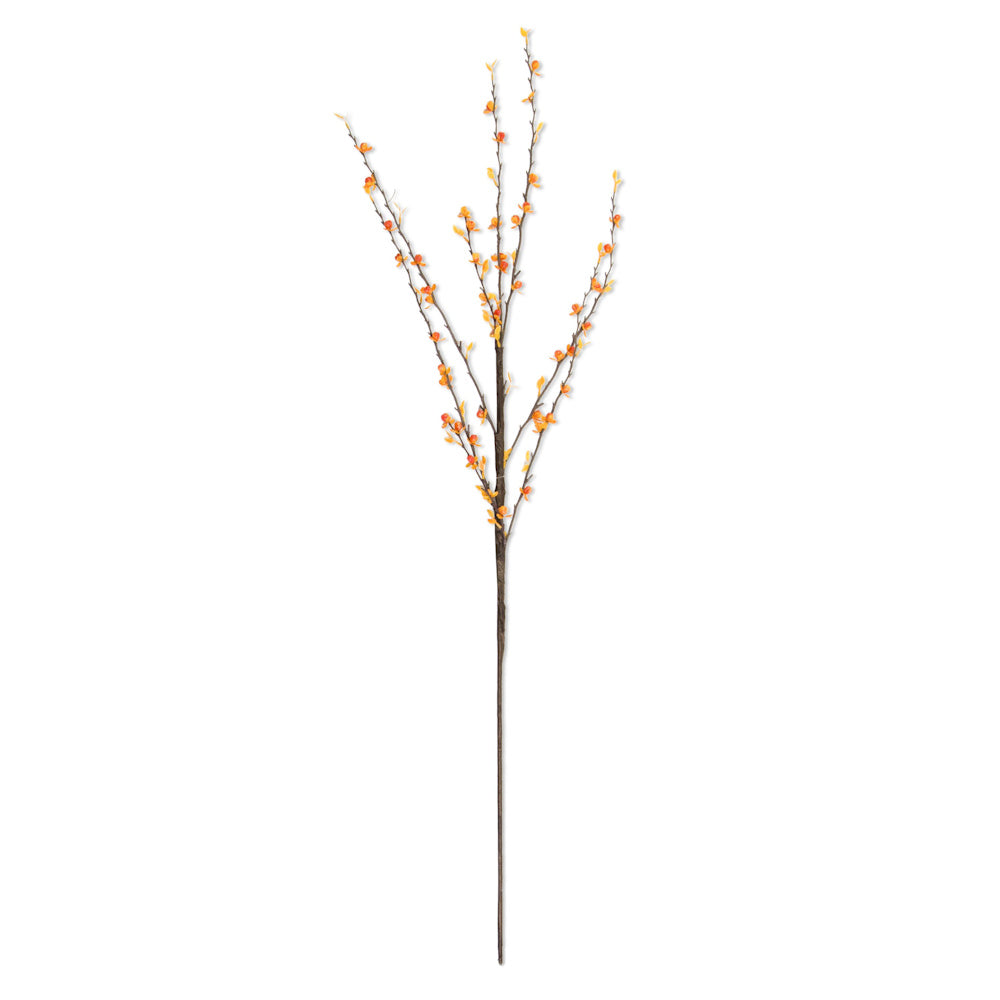 Faux bittersweet floral stem with slender brown branches accented with small light orange berries and tiny leaves.