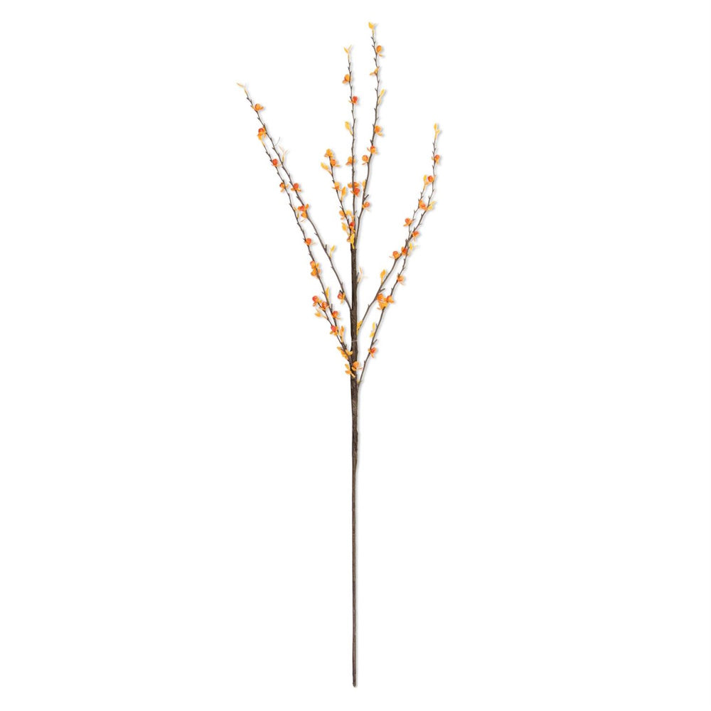 Faux autumnal branch stem featuring thin brown twigs decorated with small light orange berries.