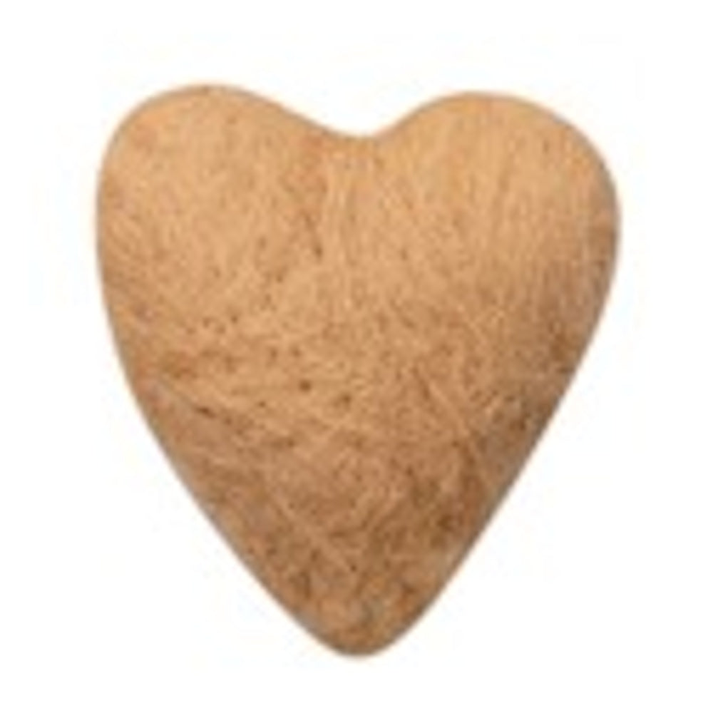 A small, light orange, needle-felted wool heart with a fuzzy texture on a white background.