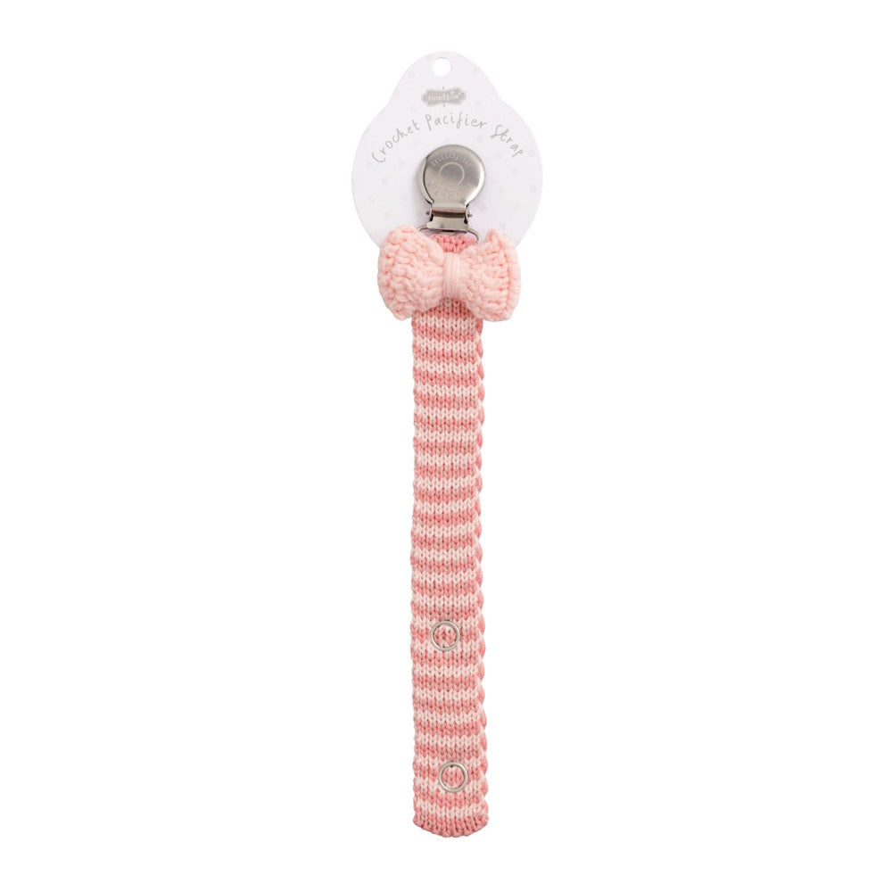Mud Pie pink bow crochet pacifier strap for baby girls, handmade style binky holder with metal clip.