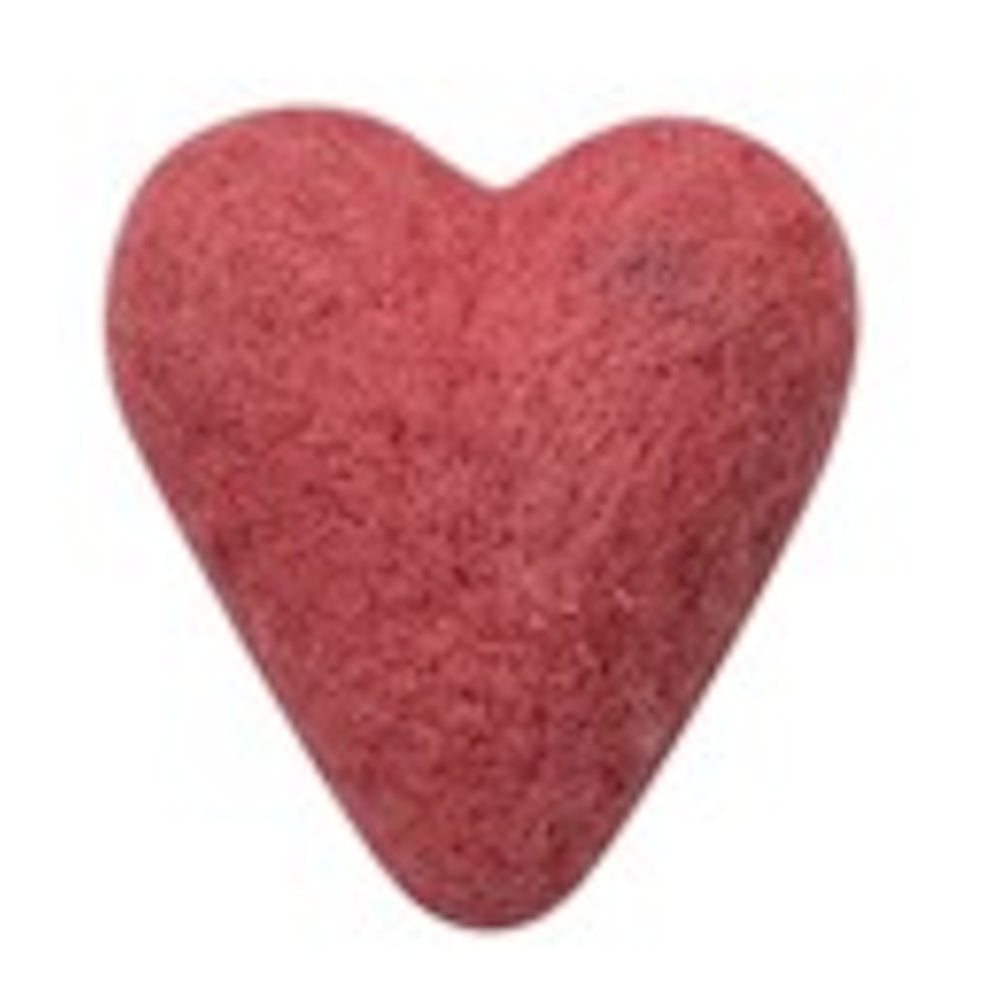 A small, light red, needle-felted wool heart with a fuzzy texture on a white background.