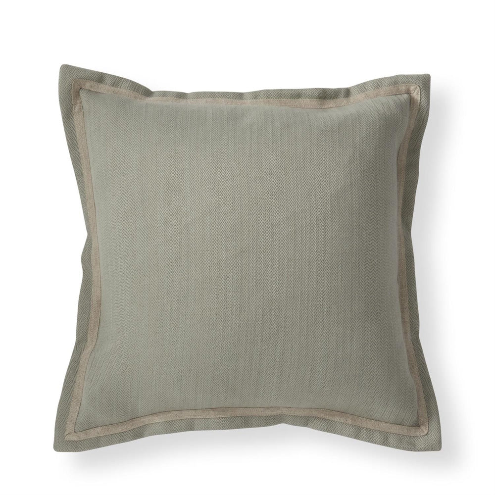 Light sage green herringbone square throw pillow with a natural tan jute border and flange edge.
