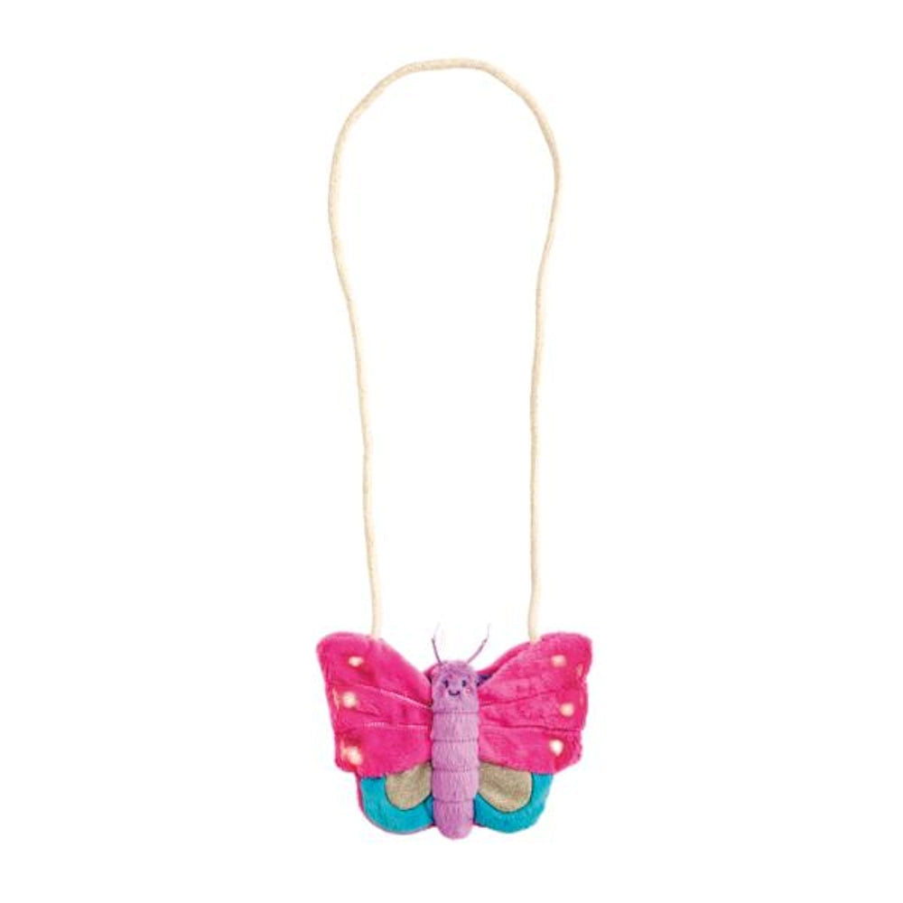 Plush pink butterfly light up purse for kids with a long rope shoulder strap on white background.
