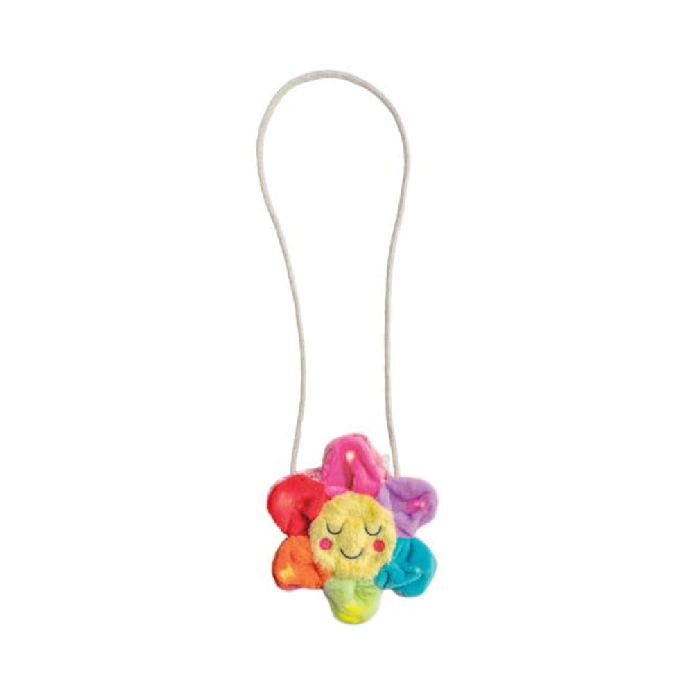Plush rainbow flower light up purse for kids with a long rope shoulder strap on white background.