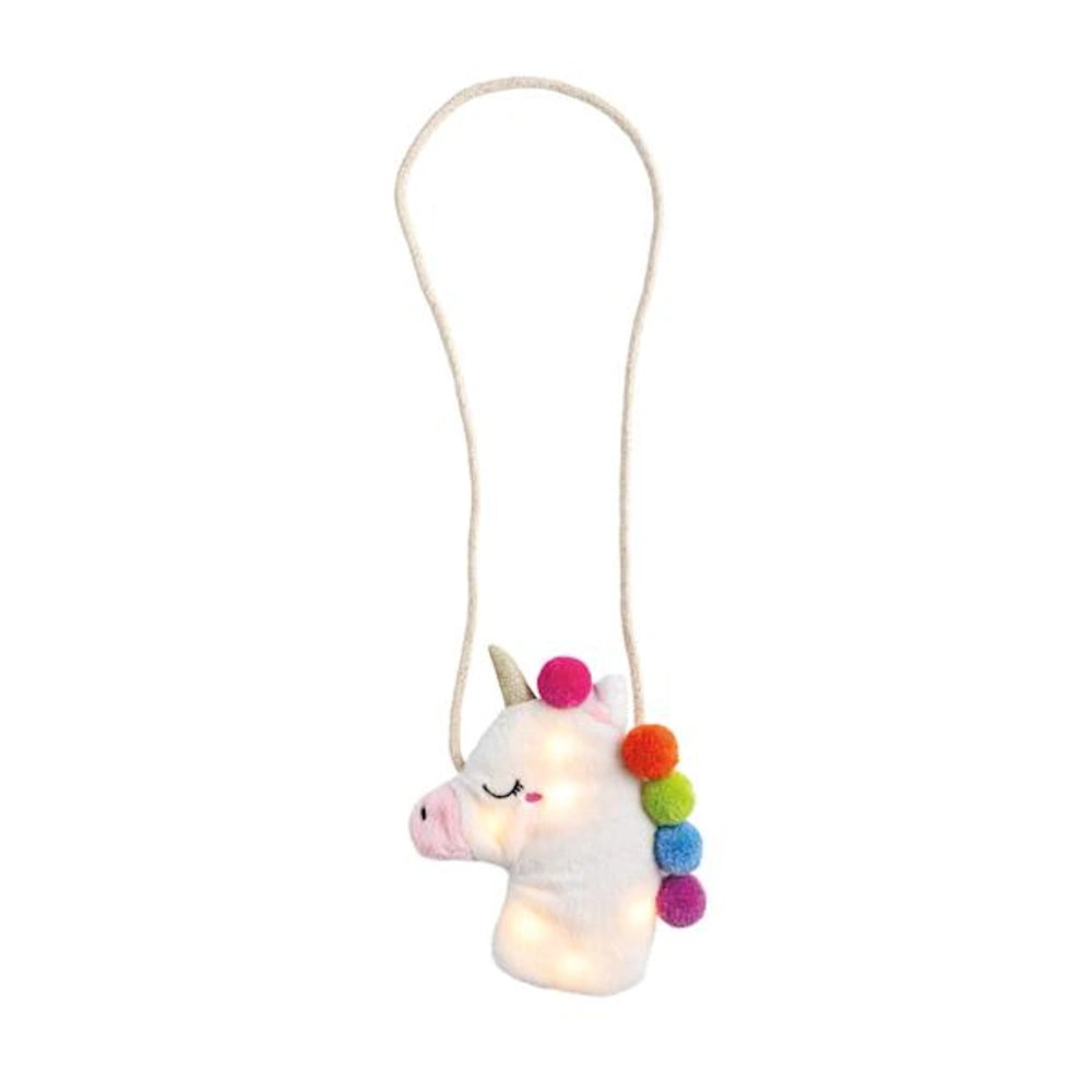 Plush white unicorn light up purse for kids with a rainbow pom pom mane and a long rope shoulder strap.