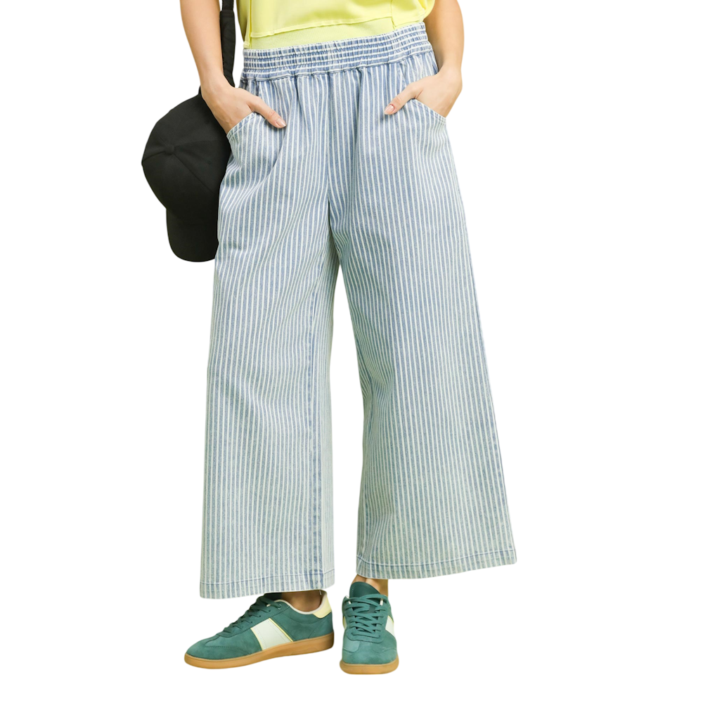 Light wash striped wide leg denim pants with elastic waist and pockets.