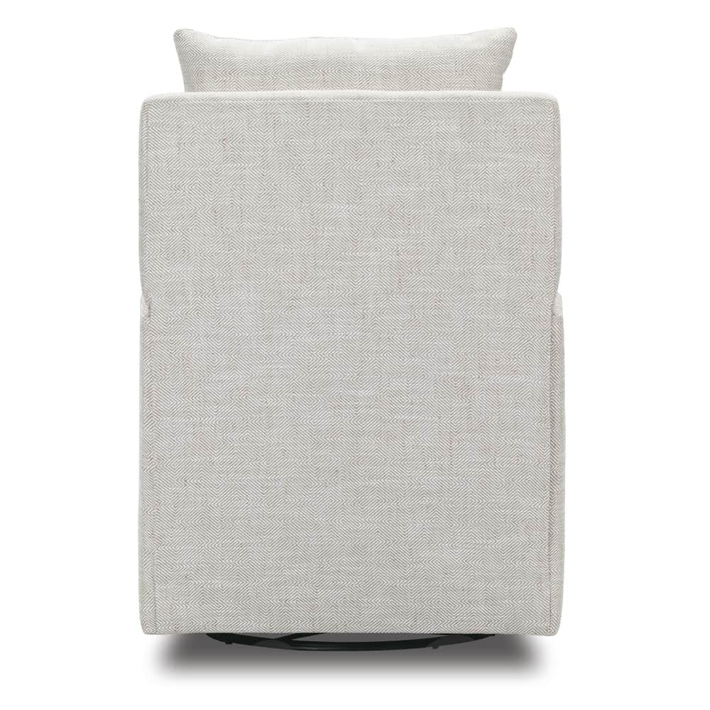 Back view of a Lilah swivel recliner chair with light gray geometric patterned upholstery and a black metal base.