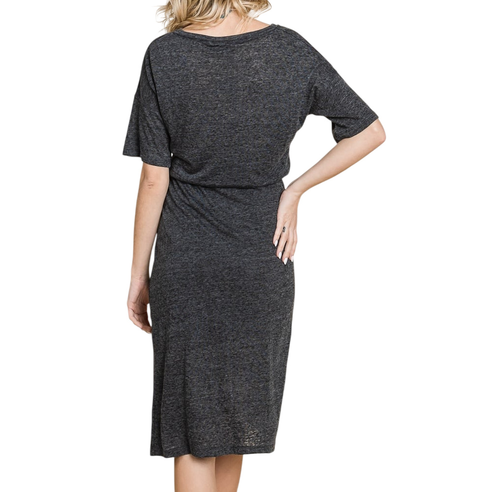 Rear view of a woman wearing a heather charcoal grey, short-sleeve midi dress.