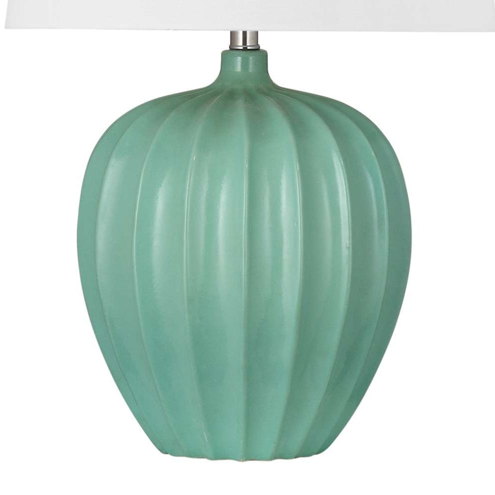 Ribbed teal ceramic table lamp base with a modern round gourd shape and matte finish.