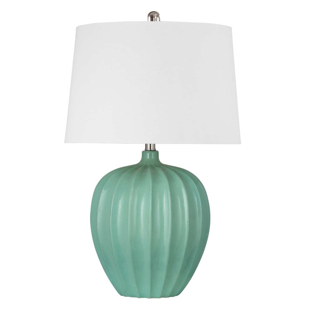 Modern seafoam green ribbed ceramic table lamp with a white tapered drum shade for coastal home decor.