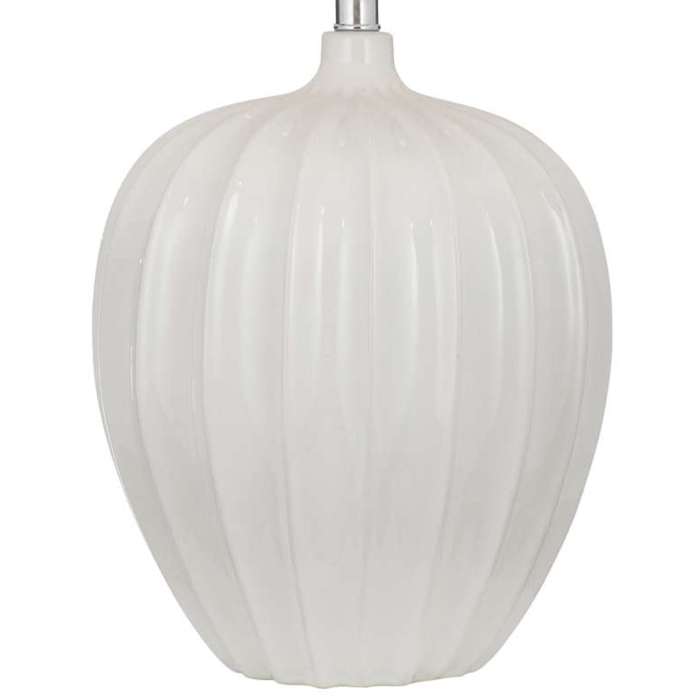 White ribbed ceramic table lamp base with a glossy finish and a modern gourd silhouette.