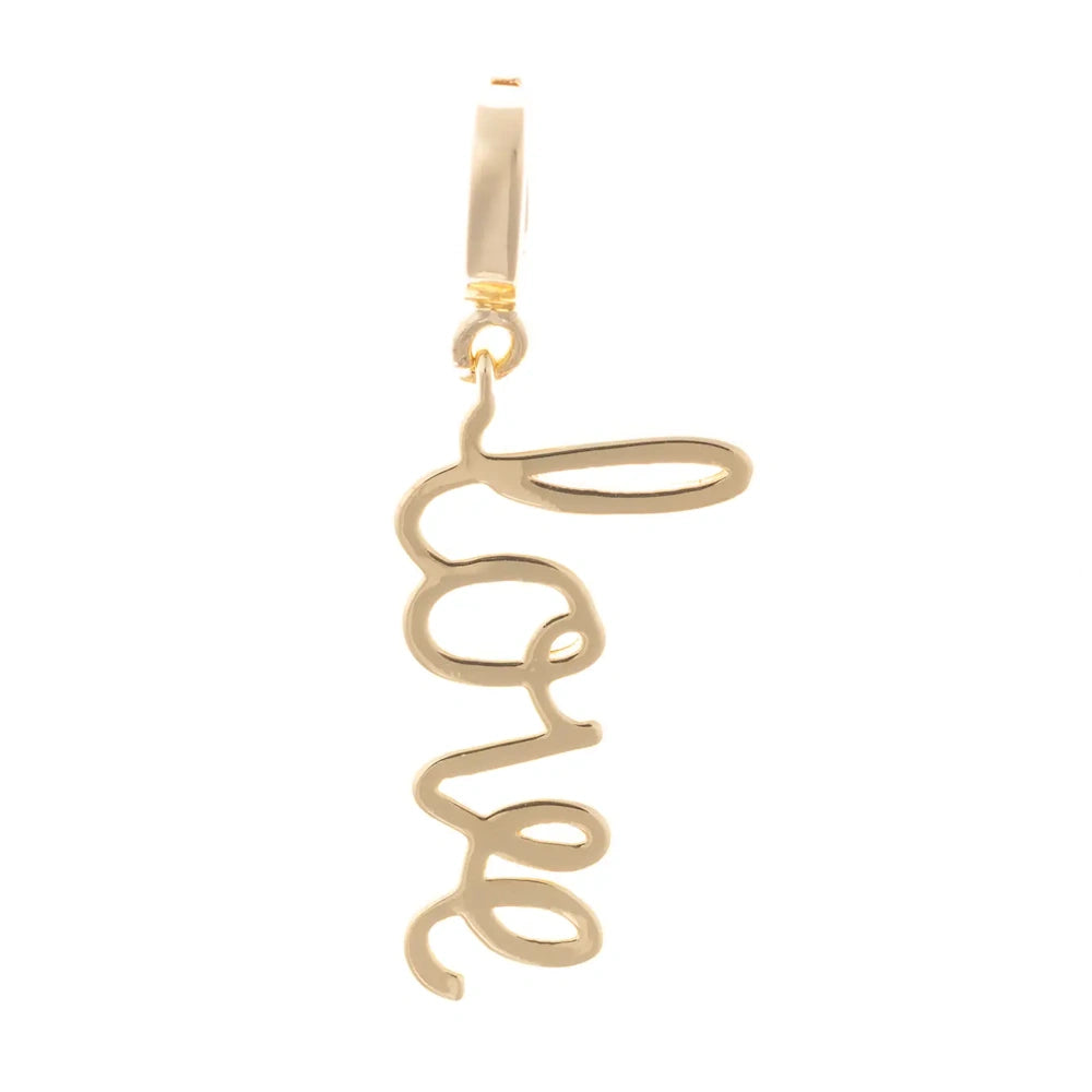 Gold pendant charm spelling "Love" in cursive script on a white background.