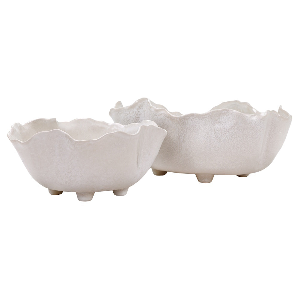 Two Magnus white ceramic decorative bowls with wavy edges and tripod feet on a white background.