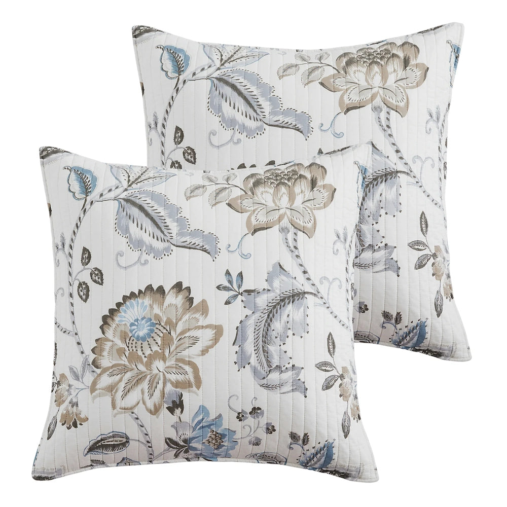 Pair of square Euro pillow shams with a blue and neutral floral pattern over channel-quilted white fabric.