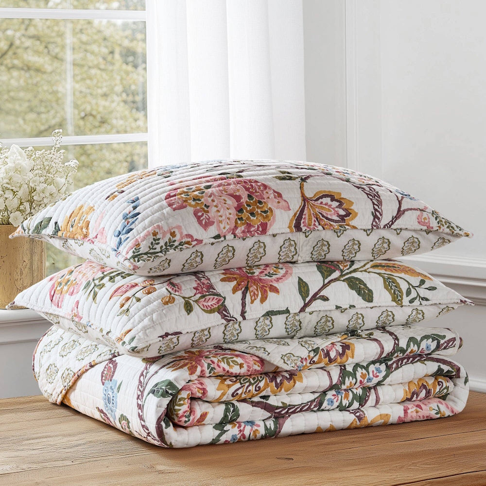 Stacked floral quilted pillows and matching folded quilt on a wooden surface near a bright window.