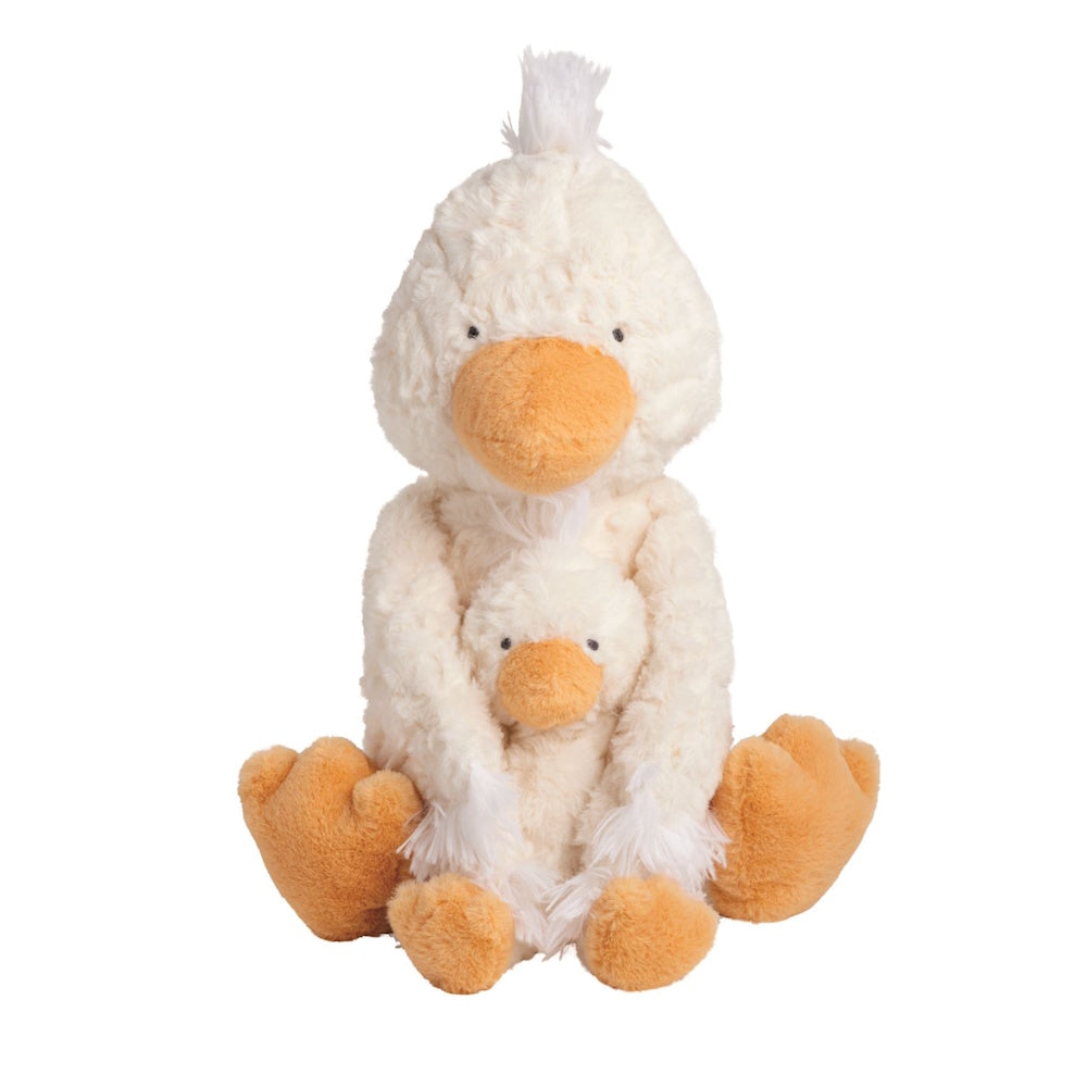 Mama and baby duck plush toy set with white textured fur and orange beaks, isolated on a white background.