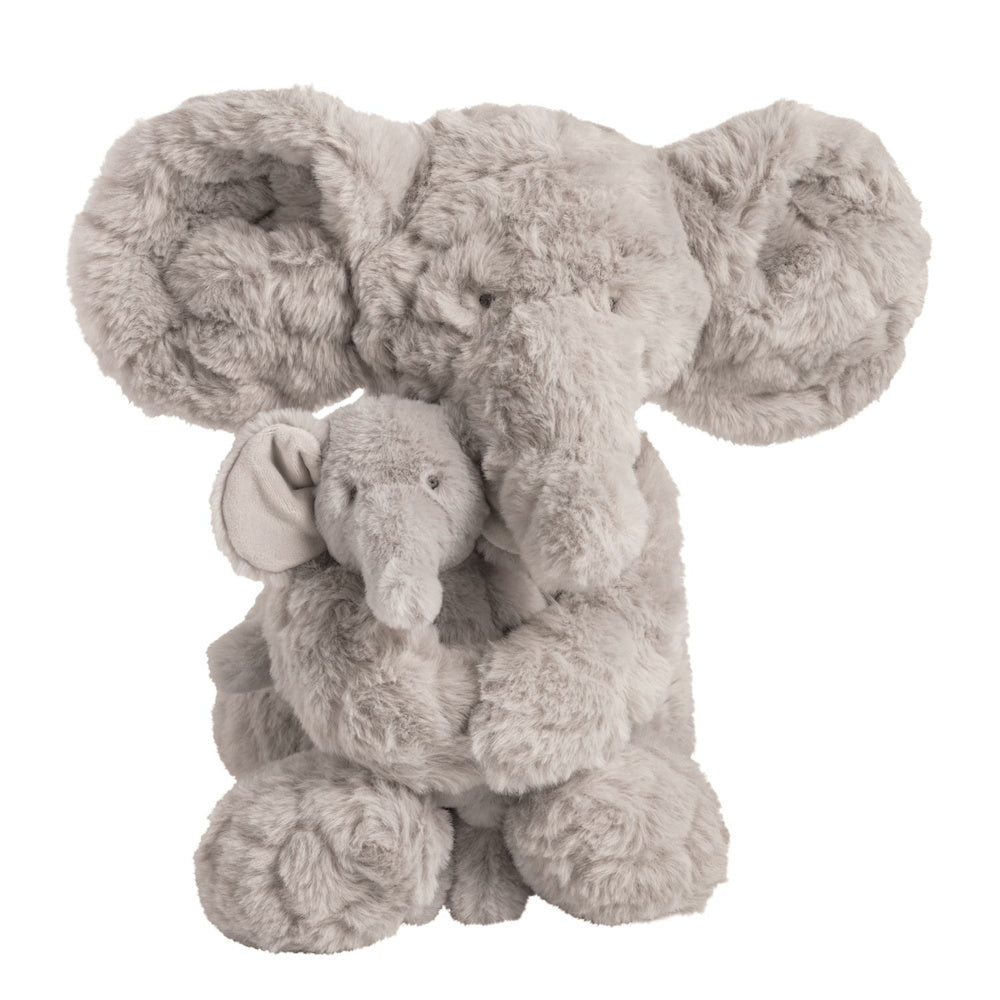 Soft gray plush mother and baby elephant stuffed animals hugging, featuring fuzzy textured fur and large ears.