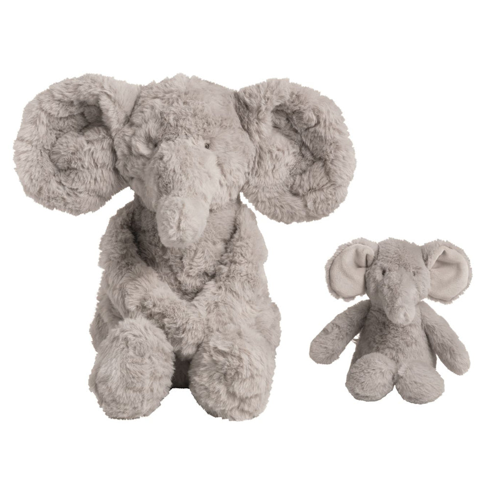 Pair of soft gray plush elephant stuffed animals, featuring a large mama and small baby set on white background.