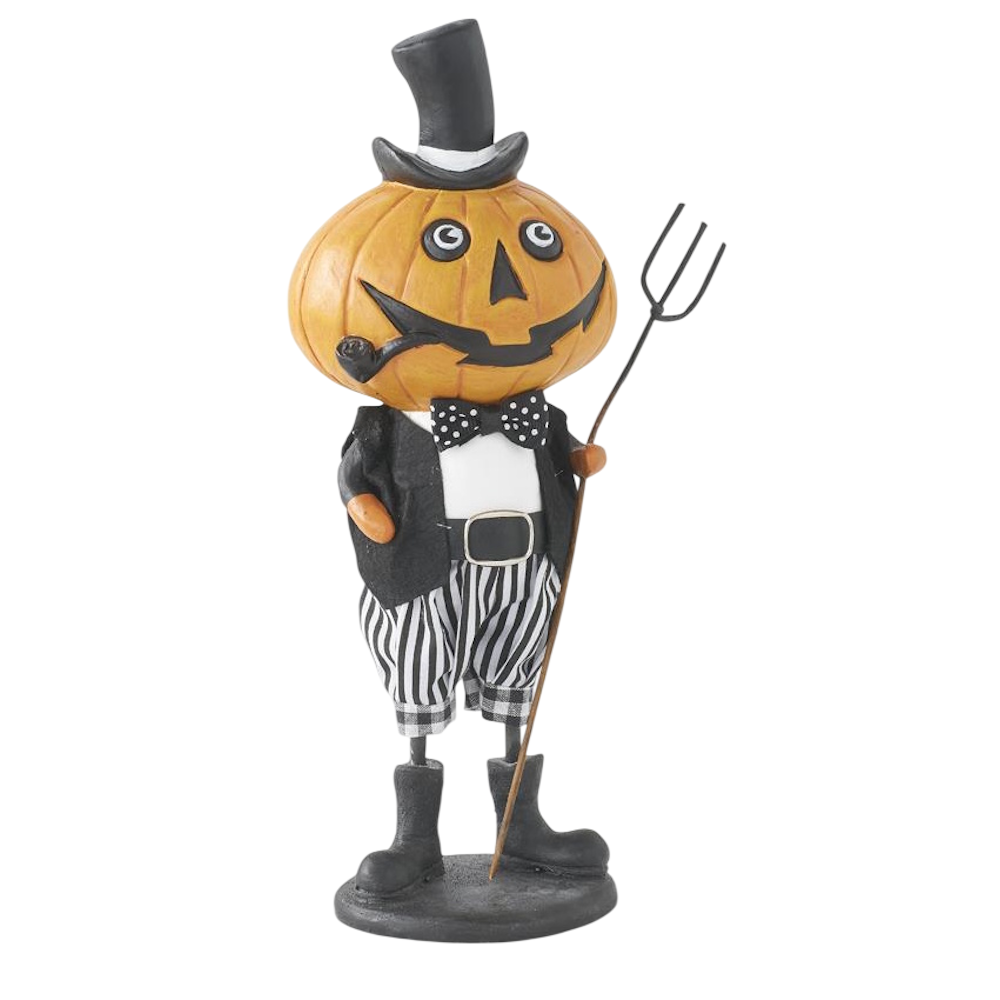 Halloween pumpkin figure wearing a top hat and suit, smoking a pipe and holding a pitchfork.