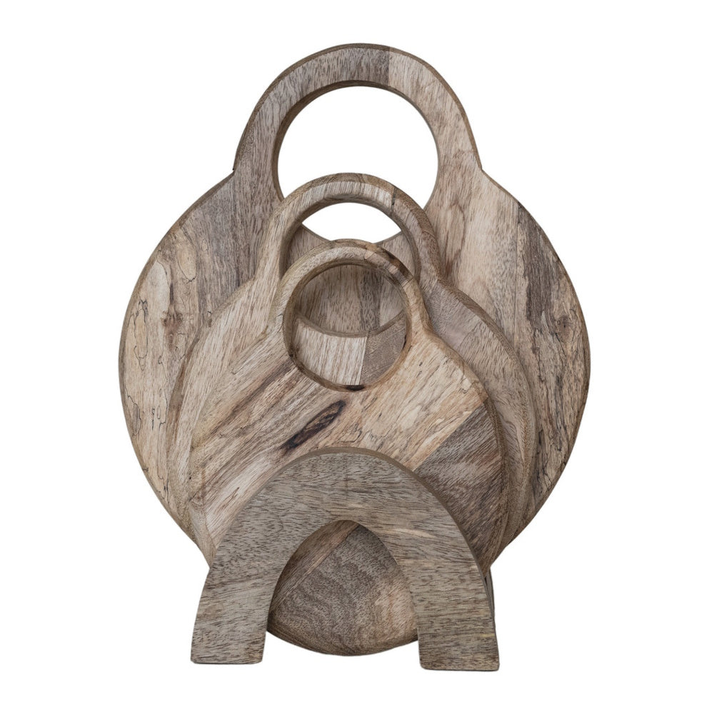 Set of three round mango wood cheese cutting boards with circular handles stacked in a matching wooden stand.
