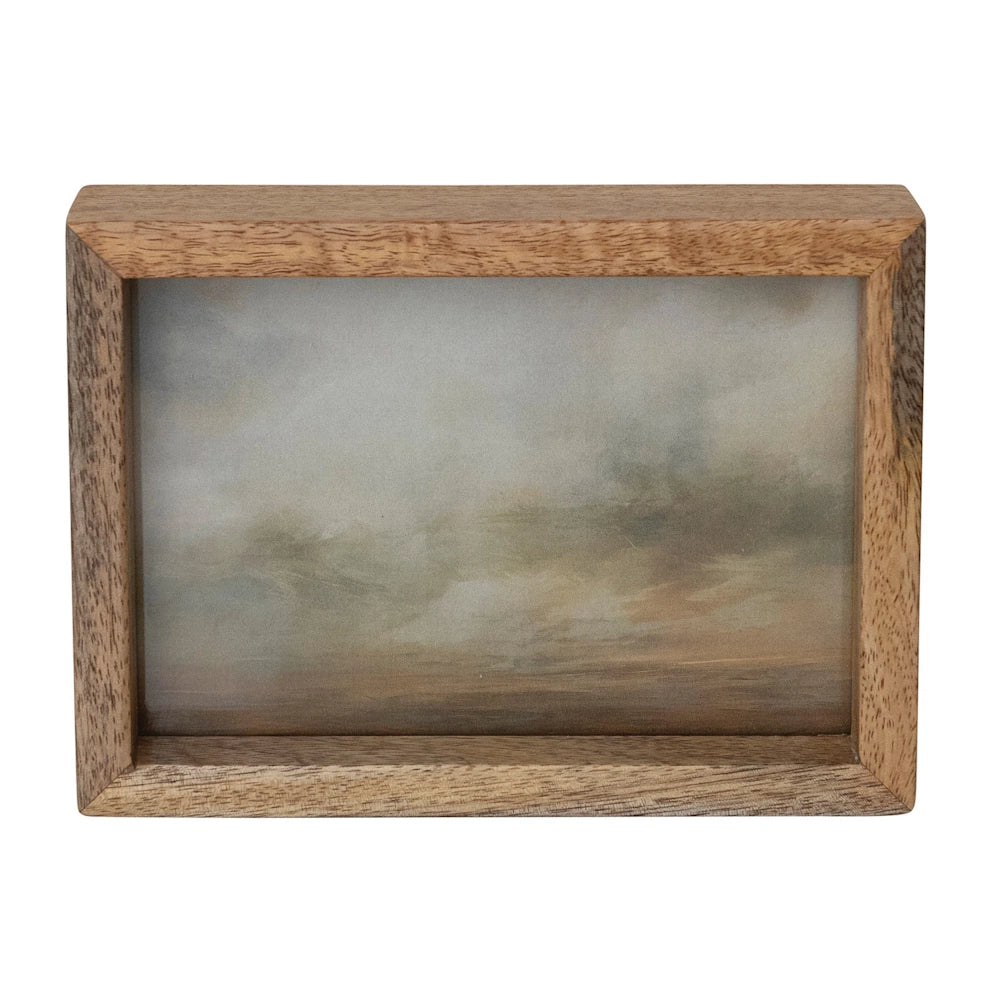 Mango wood glass floating two-sided photo frame with a misty landscape art print inside a thick wooden border.