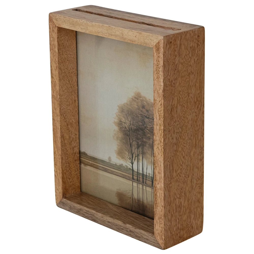 Mango wood floating glass photo frame featuring a two-sided design with a natural wood grain finish.