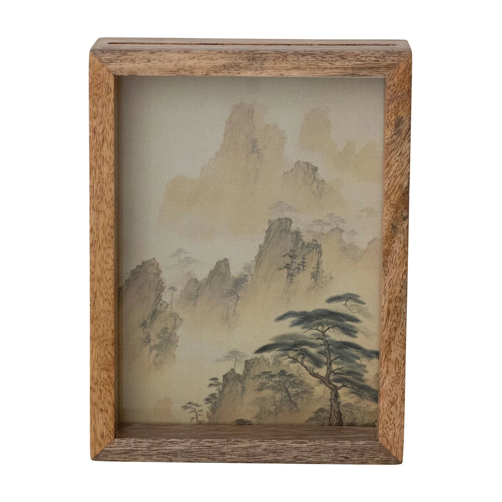 Mango wood floating photo frame with double-sided glass featuring a misty mountain landscape and pine tree.