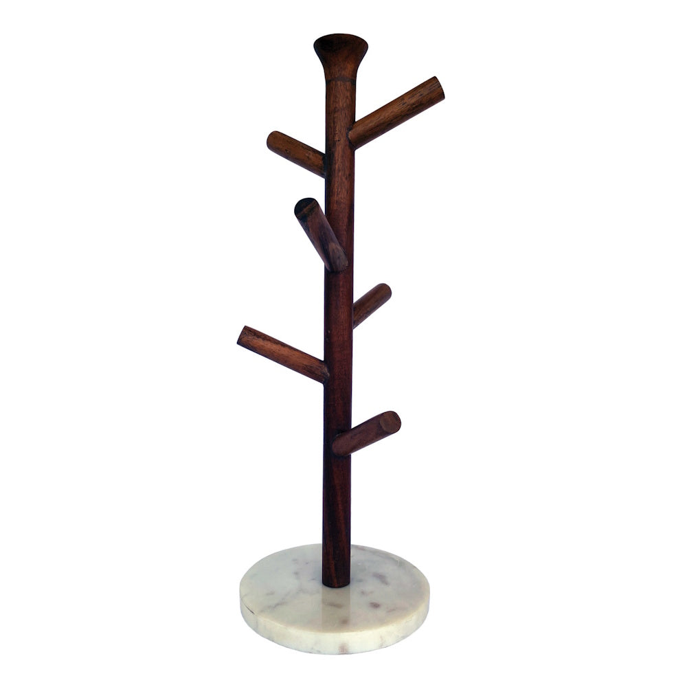 Dark mango wood mug tree with six pegs and a white marble base on a white background.