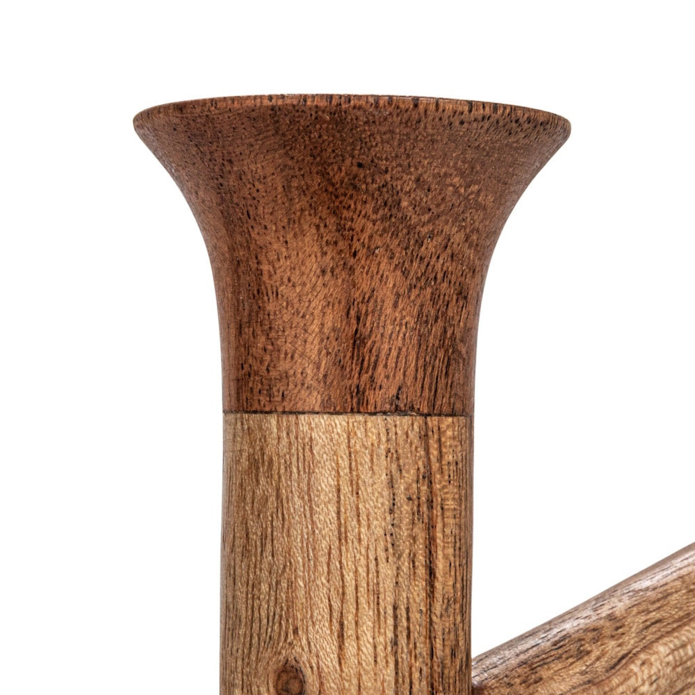 Close-up of a carved mango wood mug rack post featuring natural grain patterns and a flared top on a white background.