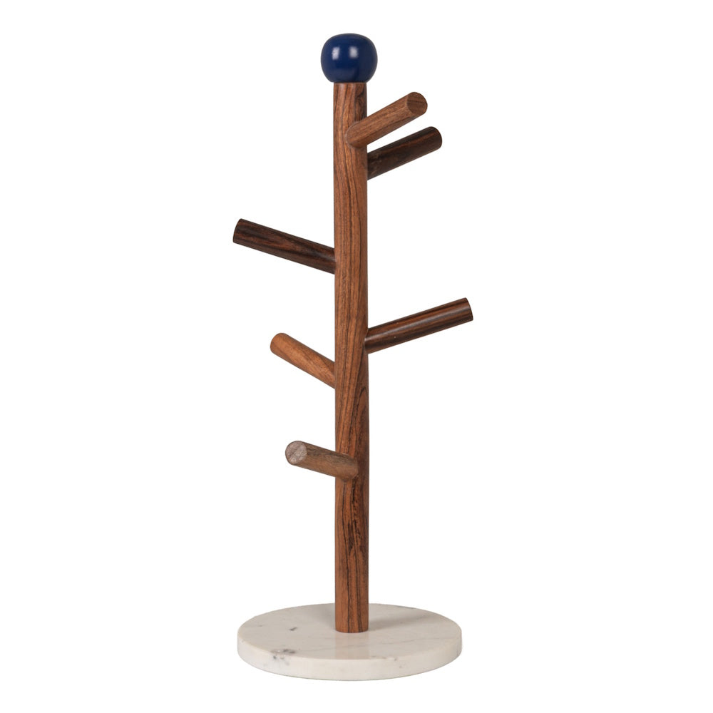 Mango wood mug tree stand with a round white marble base.