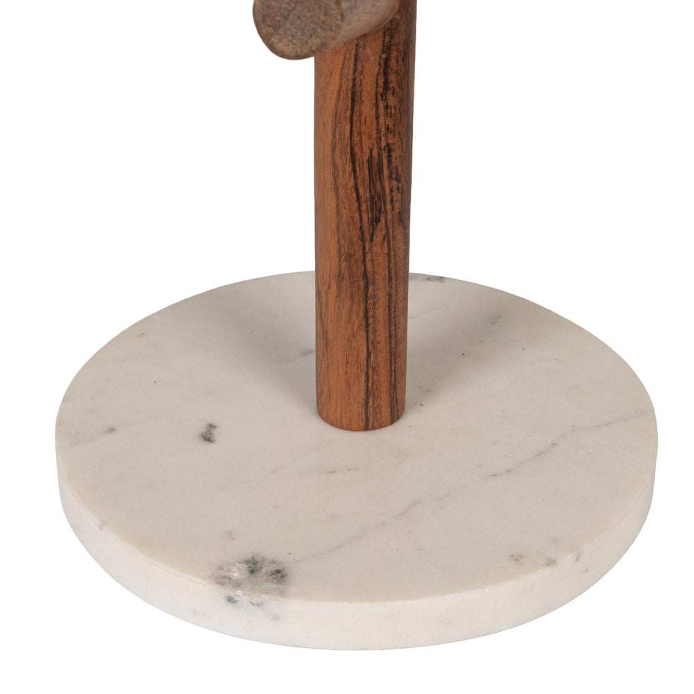 Close-up of a mango wood mug rack stand featuring a round white marble base.