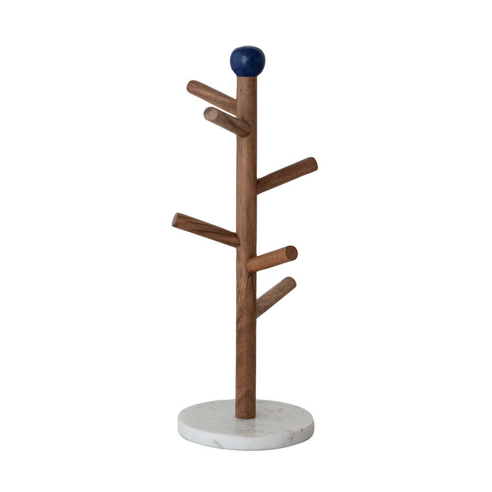 Mango wood mug rack tree with white marble base on a white background.